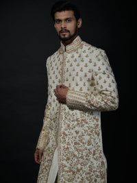 Ivory and Gold Floral Embroidered Sherwani with Elegant Detailing view 2
