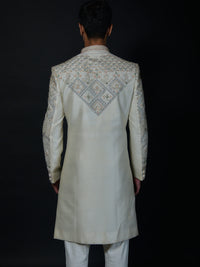 Ivory Crystal Embellished Sherwani with Intricate Floral Embroidery view 3