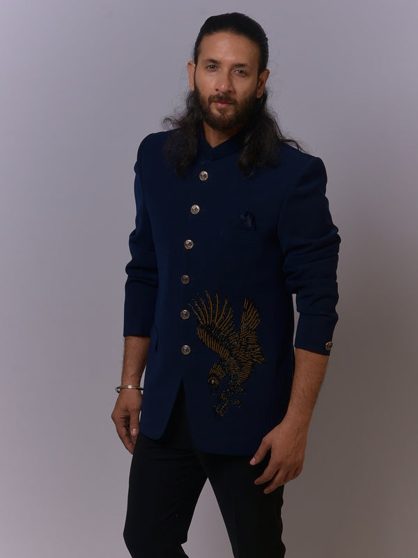 Midnight Blue Hawk Embroidered Bandh Gala