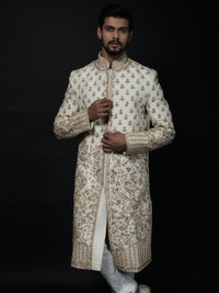 Ivory and Gold Floral Embroidered Sherwani with Elegant Detailing view 4